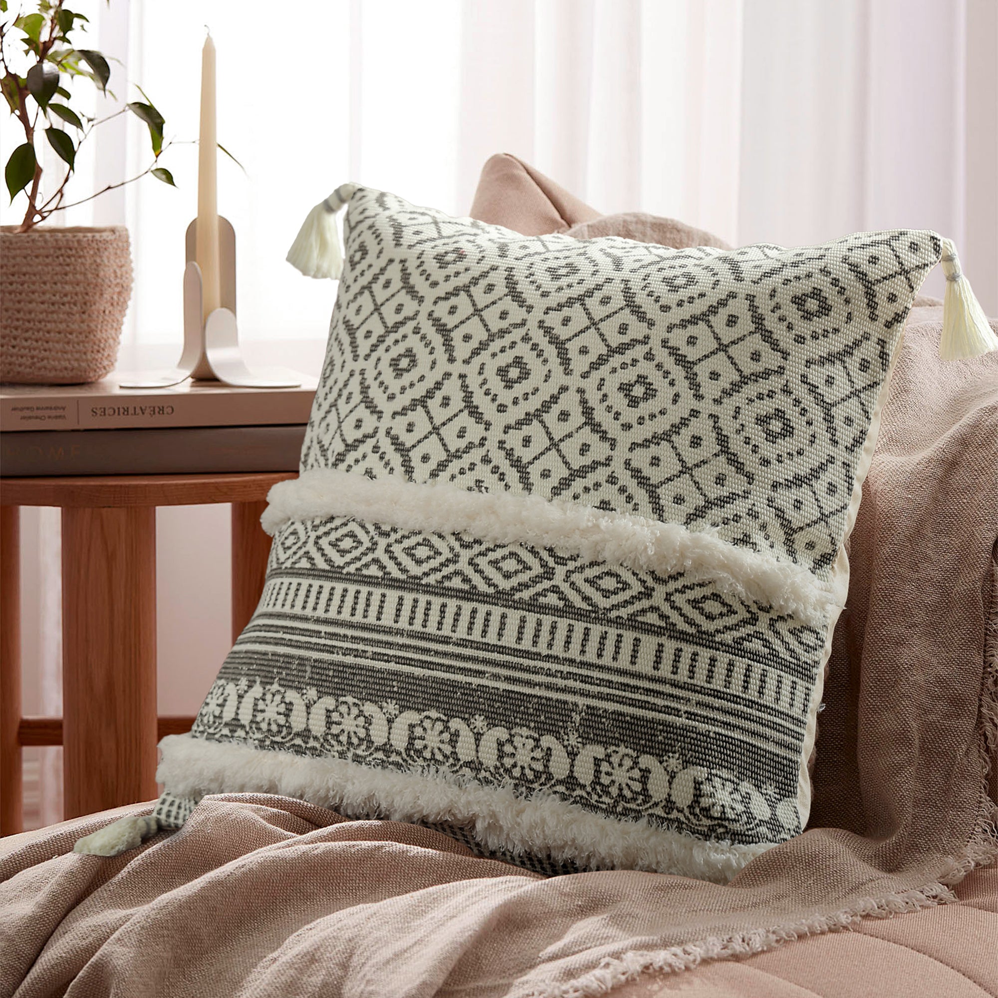 CC3 - Premium Quality Tassel Boho Printed Tufted Throw Pillow Cushion Covers 45x45 CM